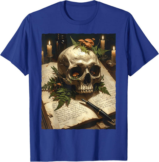 Dark Academia Gothic Mushroom Skull Vintage Book Fern Occult T-Shirt - T-Shirt | Royal