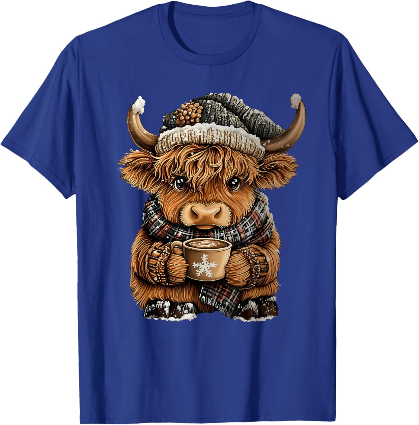 Cute Christmas Highland Cow Drinking Coffee Winter Holiday T-Shirt - T-Shirt | Royal