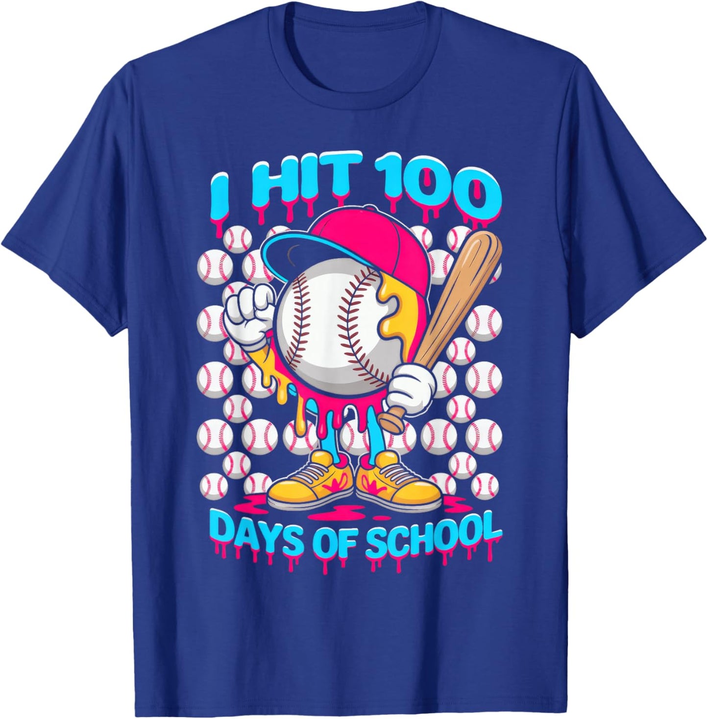 I hit 100 Days of School, Baseball Ice Cream Drip T-Shirt - T-Shirt | Royal