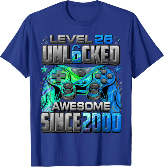 Level 26 Unlocked Awesome Since 2000 26th Birthday Gaming T-Shirt - T-Shirt | Royal