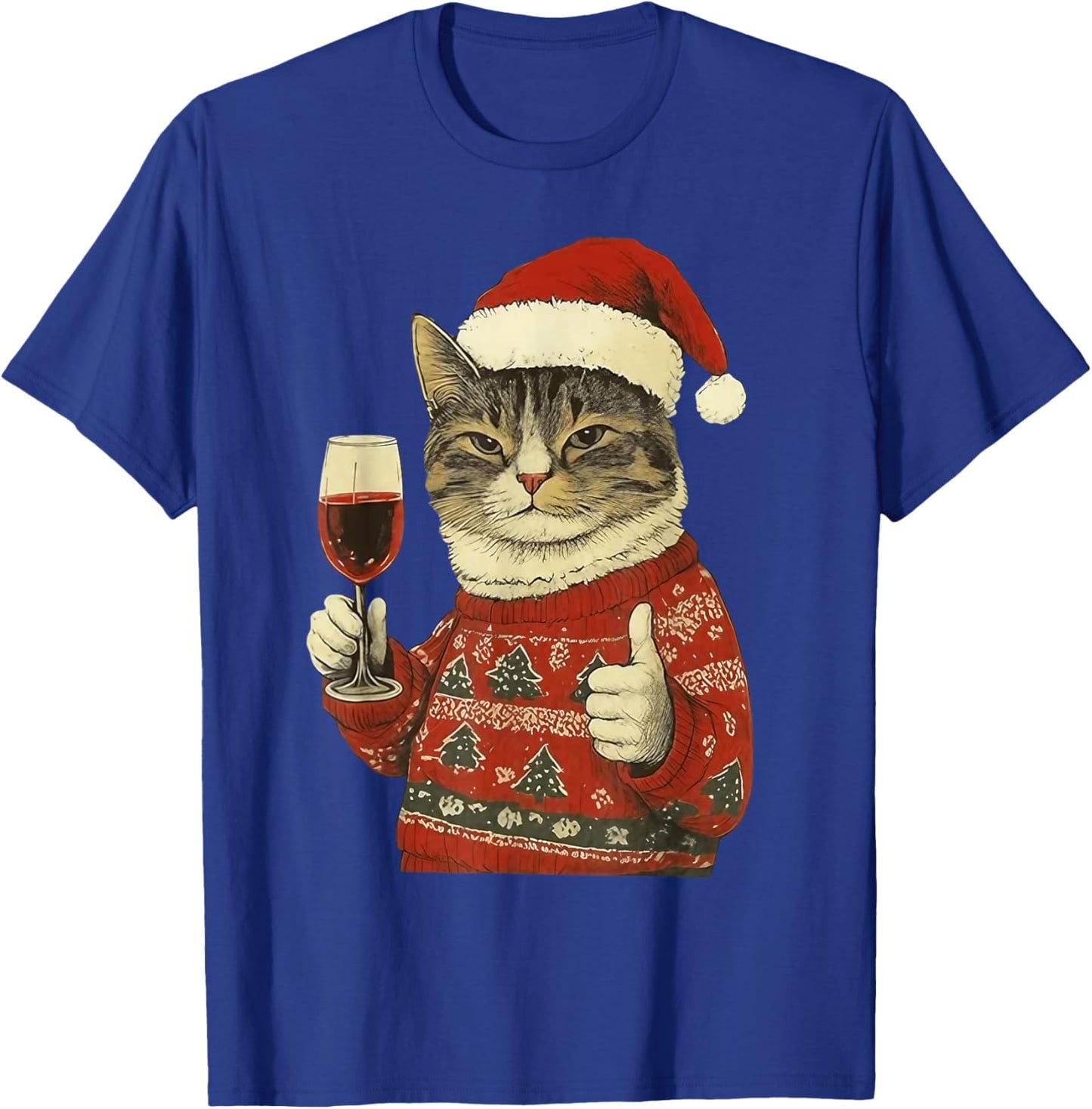 Christmas Cat Likes Cute Cat Drinking Wine with Santa Hat T-Shirt - T-Shirt | Royal