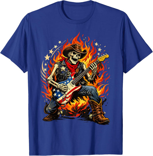 American Flag Guitar Skeleton Country Rock Rider T-Shirt - T-Shirt | Royal