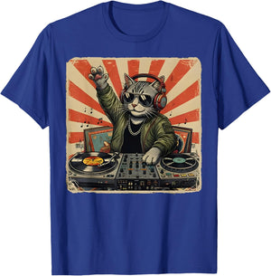 Funny DJ Cat Disco Sound Tech Headphone Music Cat Meme T-Shirt - T-Shirt | Royal