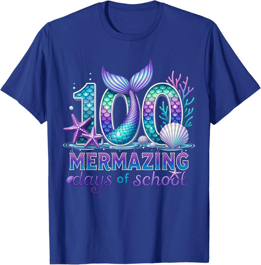 100 Mermazing Days of School Teacher 100 Days of School Girl T-Shirt - T-Shirt | Royal