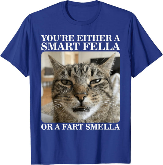 You're Either a Smart Fella or a Fart Smella Funny Cat Meme T-Shirt - T-Shirt | Royal