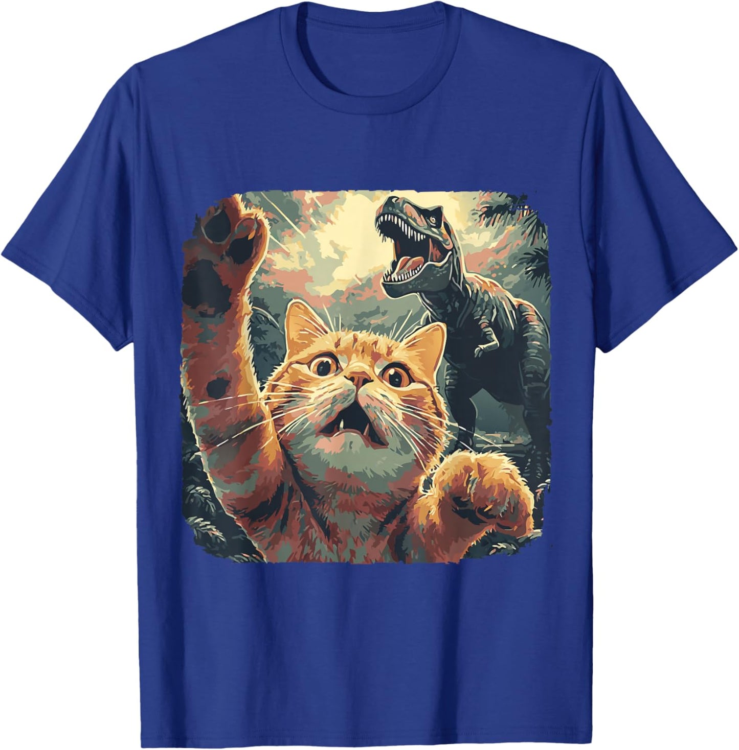 Funny Cat Selfie with T-Rex Dinosaur Cartoon Meme T-Shirt - T-Shirt | Royal