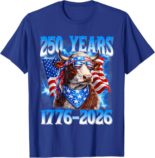 250 Year American 1776 2026 250th USA Cow Patriotic 4th July T-Shirt - T-Shirt | Royal