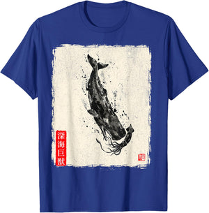 Gyotaku Fish Print Sperm Whale vs Giant Squid Deep Sea Kaiju T-Shirt - T-Shirt | Royal