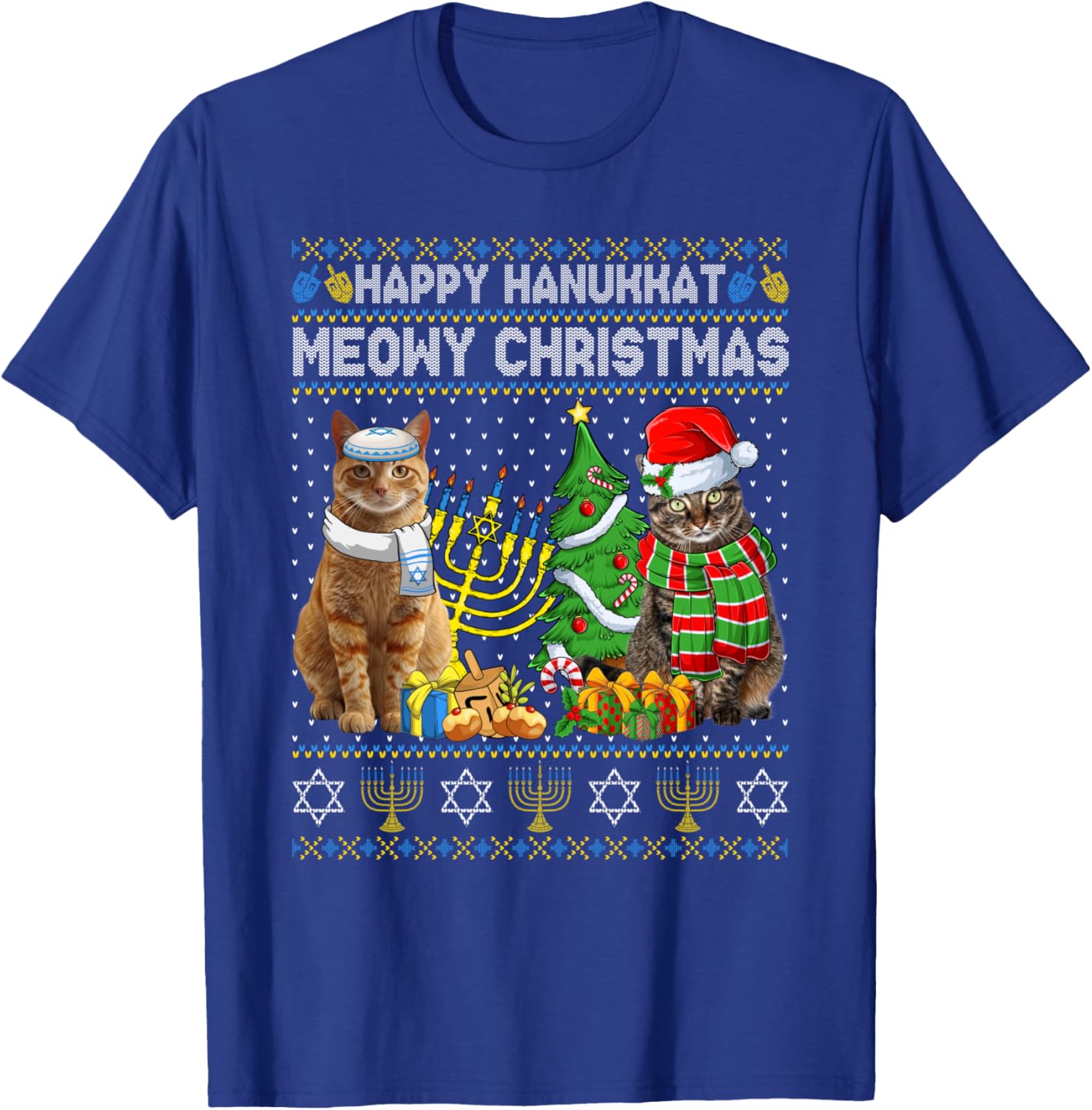 Happy Hanukkat Meowy Christmas Pajamas Ugly Sweater Cats T-Shirt - T-Shirt | Royal