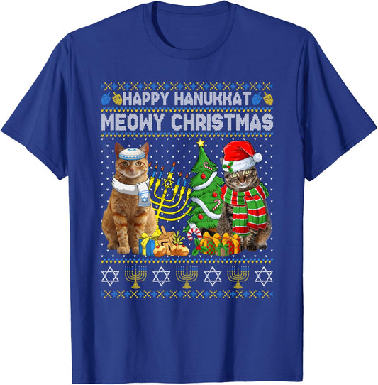 Happy Hanukkat Meowy Christmas Pajamas Ugly Sweater Cats T-Shirt - T-Shirt | Royal
