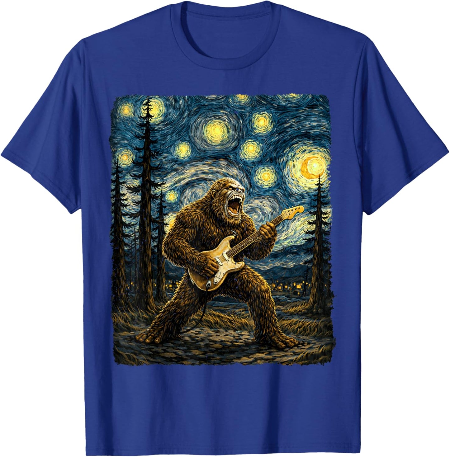 Bigfoot Playing Guitar in Starry Night Van Gogh Graphic T-Shirt - T-Shirt | Royal