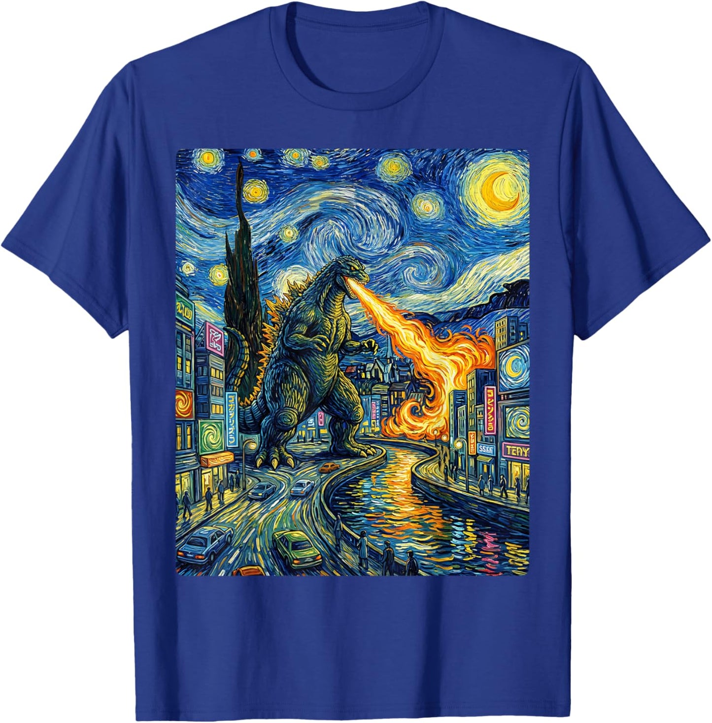 Kaiju Monster Japanese Vangogh starrynight City Vintage T-Shirt - T-Shirt | Royal