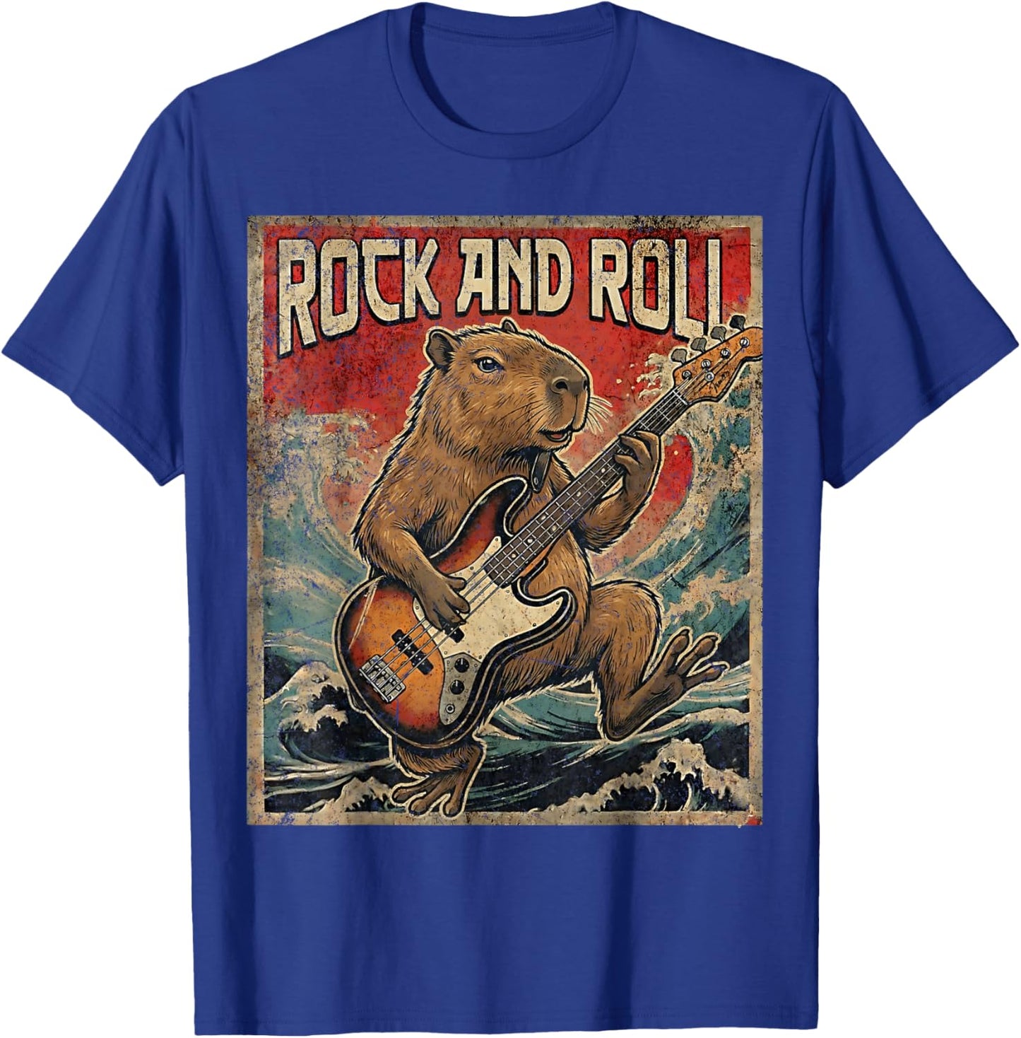 Capybara Playing Guitar Rock On Vintage Guitarist Capybara T-Shirt - T-Shirt | Royal