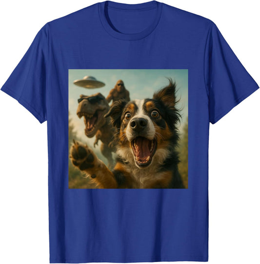 Shocked Australian Shepherd Dog T-Rex Bigfoot UFO Selfie T-Shirt - T-Shirt | Royal