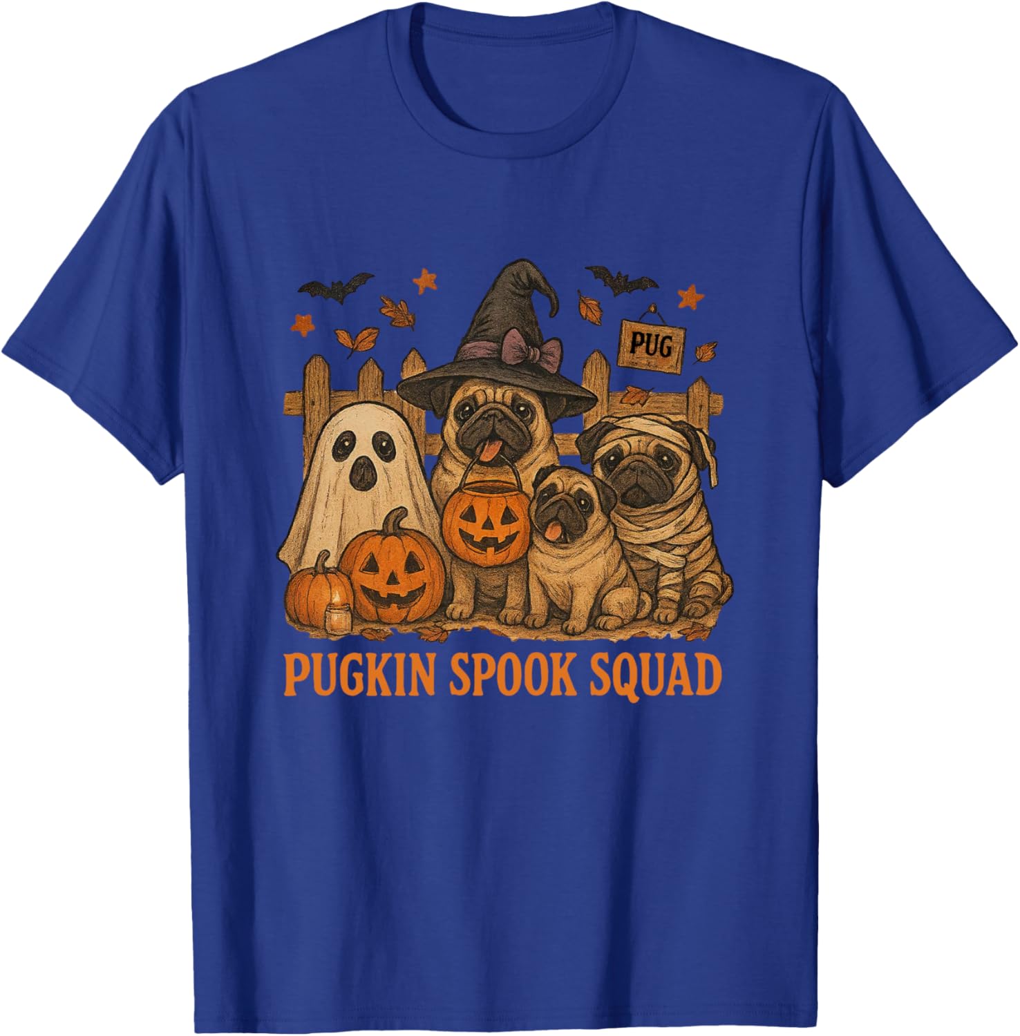 Pugkin Spook Squad Cute Pug Halloween Spooky Ghost Pumpkin T-Shirt - T-Shirt | Royal