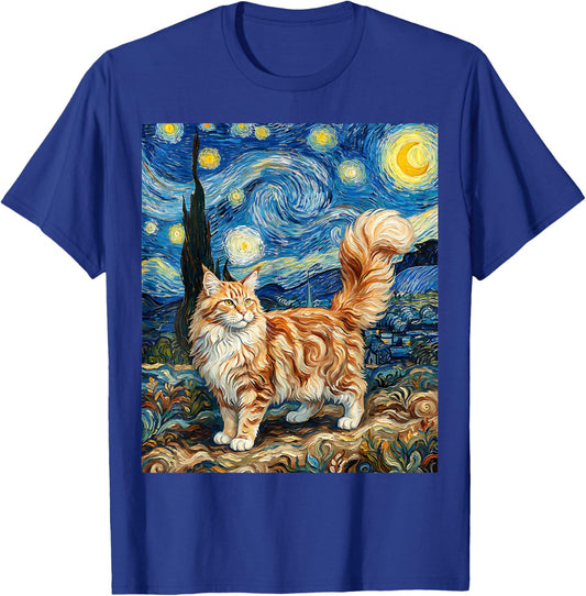 Maine Coon Cat Starry Night Van Gogh Inspired Cat Maine Coon T-Shirt - T-Shirt | Royal