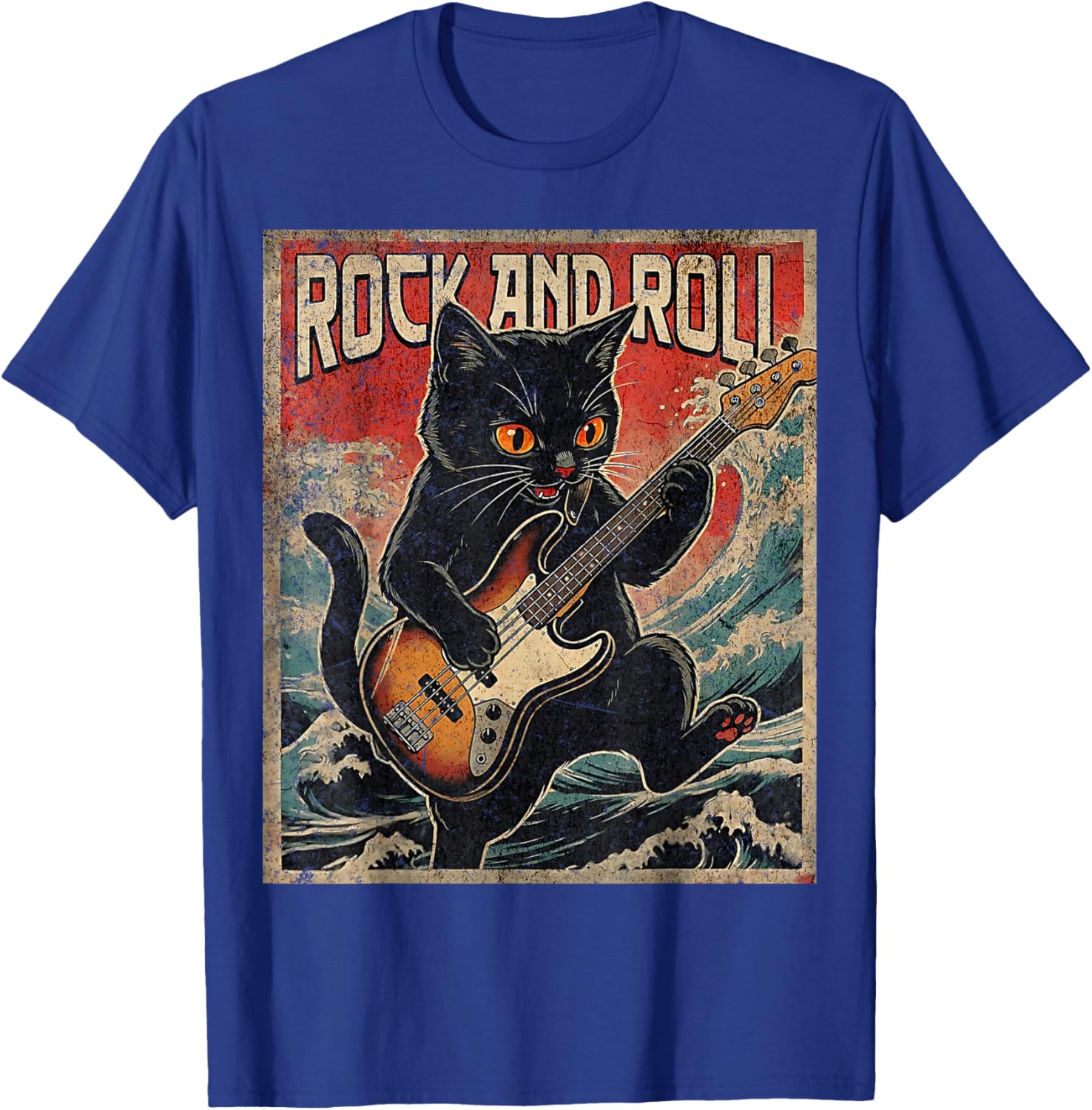 Cat Playing Bass Guitar Rock On Vintage Rock Guitarist Cat T-Shirt - T-Shirt | Royal