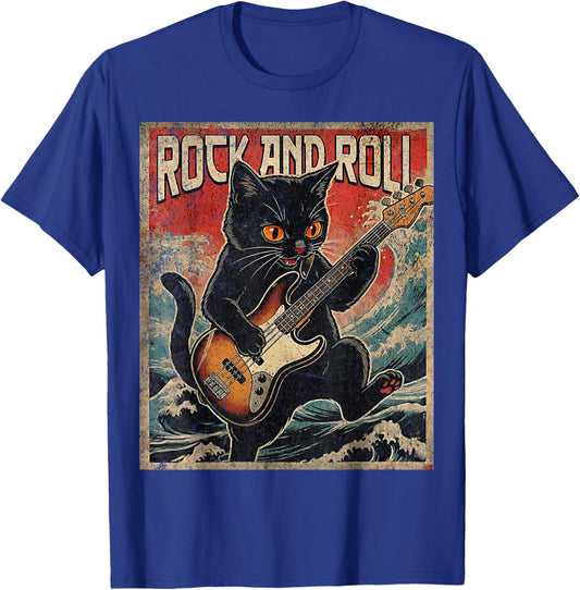 Cat Playing Bass Guitar Rock On Vintage Rock Guitarist Cat T-Shirt - T-Shirt | Royal