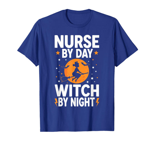 Nurse by Day Witch by Night Funny Halloween Spooky Season T-Shirt