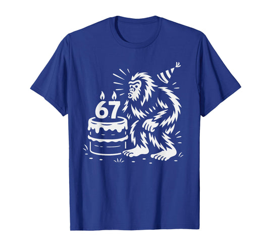 Bigfoot Celebrating 67th Birthday with Cake and Party Hat T-Shirt