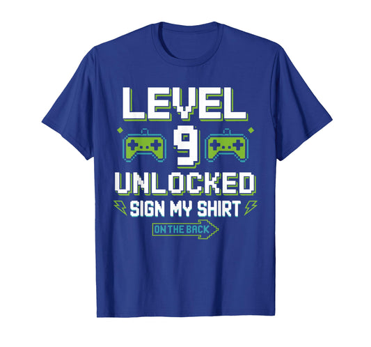 Level 9 Unlocked Sign My Shirt 9th Birthday Gamer Boy Kids T-Shirt