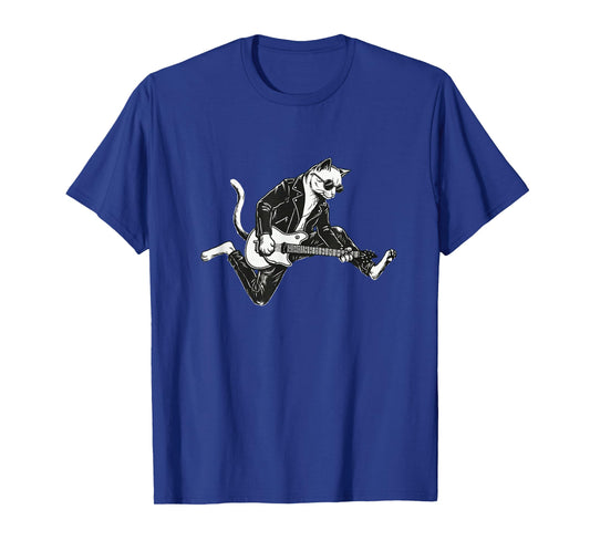 Punk Rock Cat Playing Electric Guitar Funny Musician T-Shirt