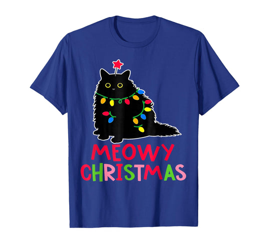 Meowy Christmas Xmas Lights Black Cat Pajamas Family Funny T-Shirt