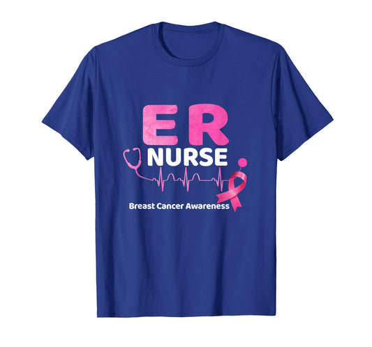 ER Nurse Breast Cancer Awareness Heartbeat Pink Ribbon T-Shirt