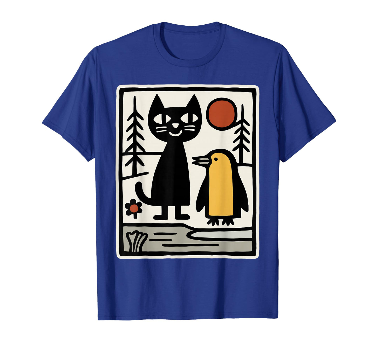 Black Cat and Penguin Winter Animals Cute Snow Scene T-Shirt