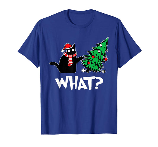Funny Black Cat Xmas Pushing Christmas Tree Over Cat What? T-Shirt