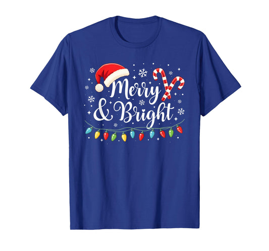Merry and Bright Lights Red Santa Hat Xmas Family Men Women T-Shirt