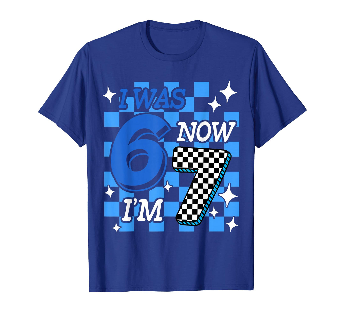 Blue Checkered I was 6 Now I'm 7 Birthday Boy Bday T-Shirt