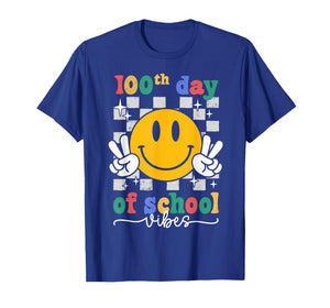 100th Day of School Vibes Checkered Smile Face 100 Days Kids T-Shirt