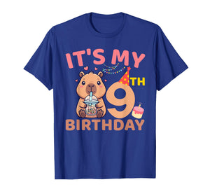 It's My 9th Birthday Capybara Bubble Tea 9 Years Old Party T-Shirt