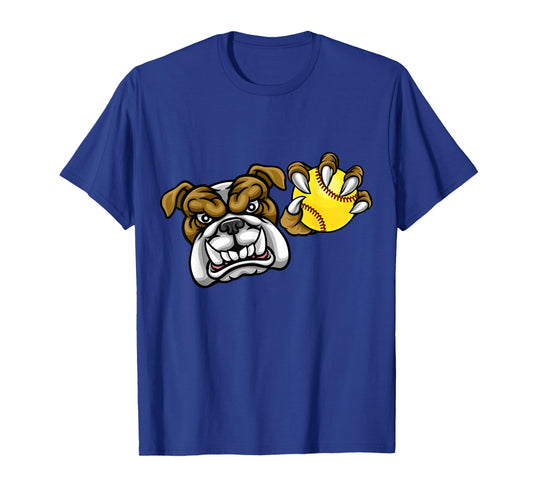 Bulldog Dog Cartoon Character Holding a Softball Ball T-Shirt