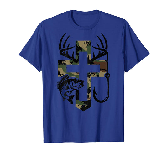 Youth Camo Faith Hunting Fishing Cross Hook Christian Jesus T-Shirt
