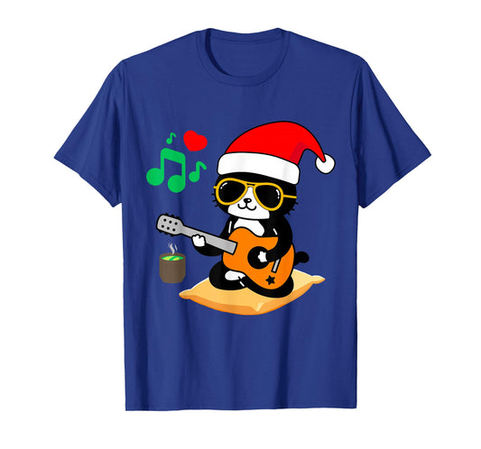 Funny Cat Playing Guitar Sunglasses Santa Hat Christmas Rock T-Shirt