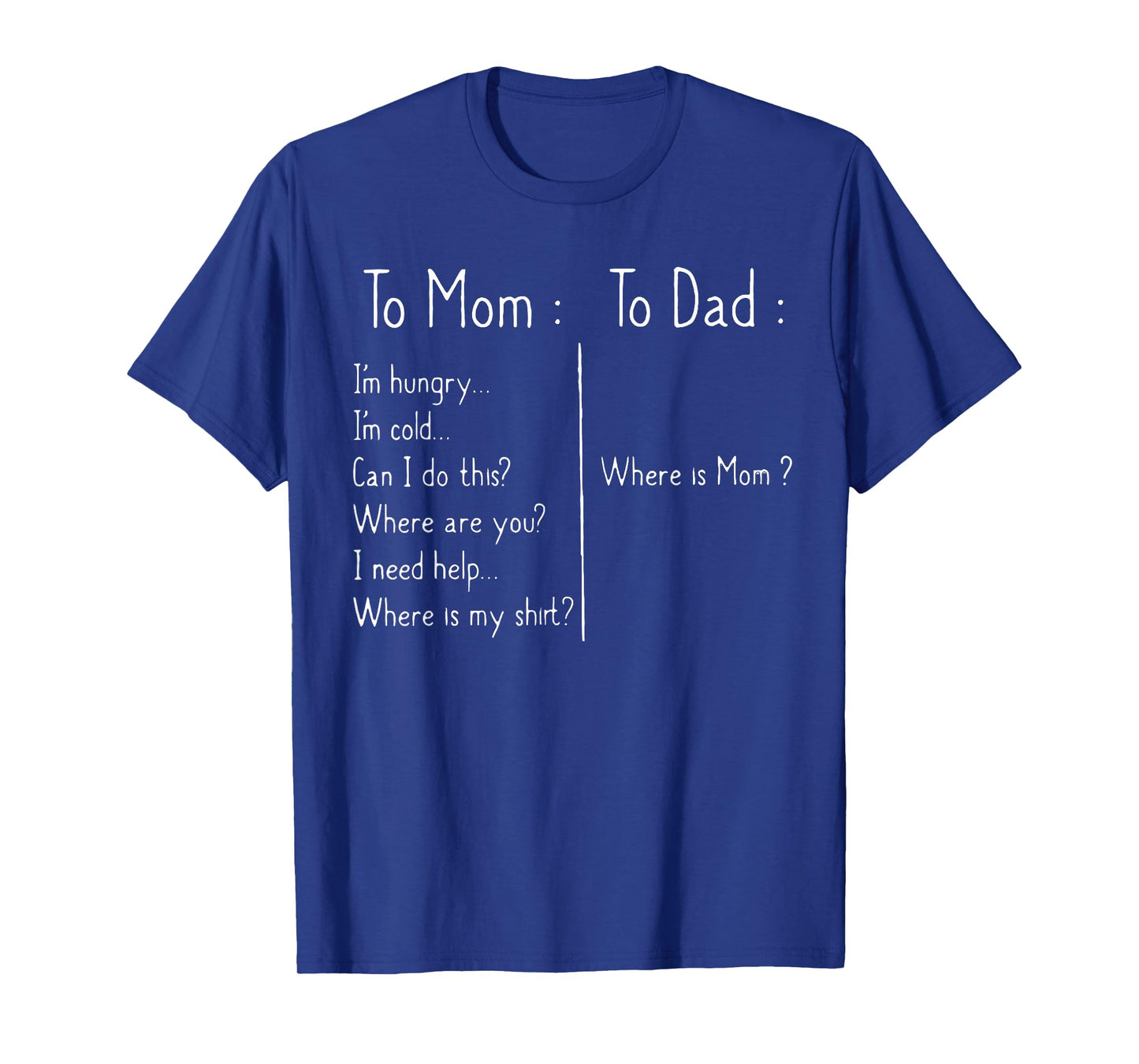 to Mom I'm Hungry I'm Hot I'm Cold to Dad Where is Mom Funny T-Shirt