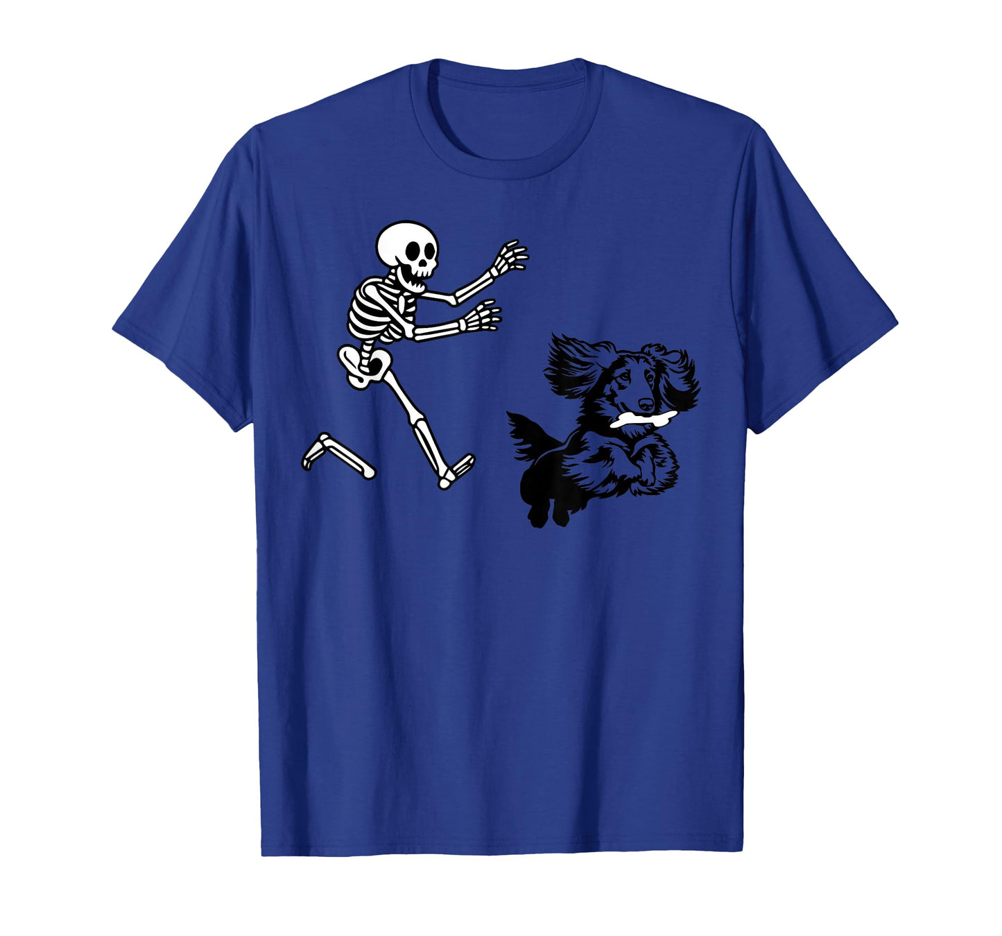 Funny Long haired Dachshund Running Skeleton Halloween T-Shirt