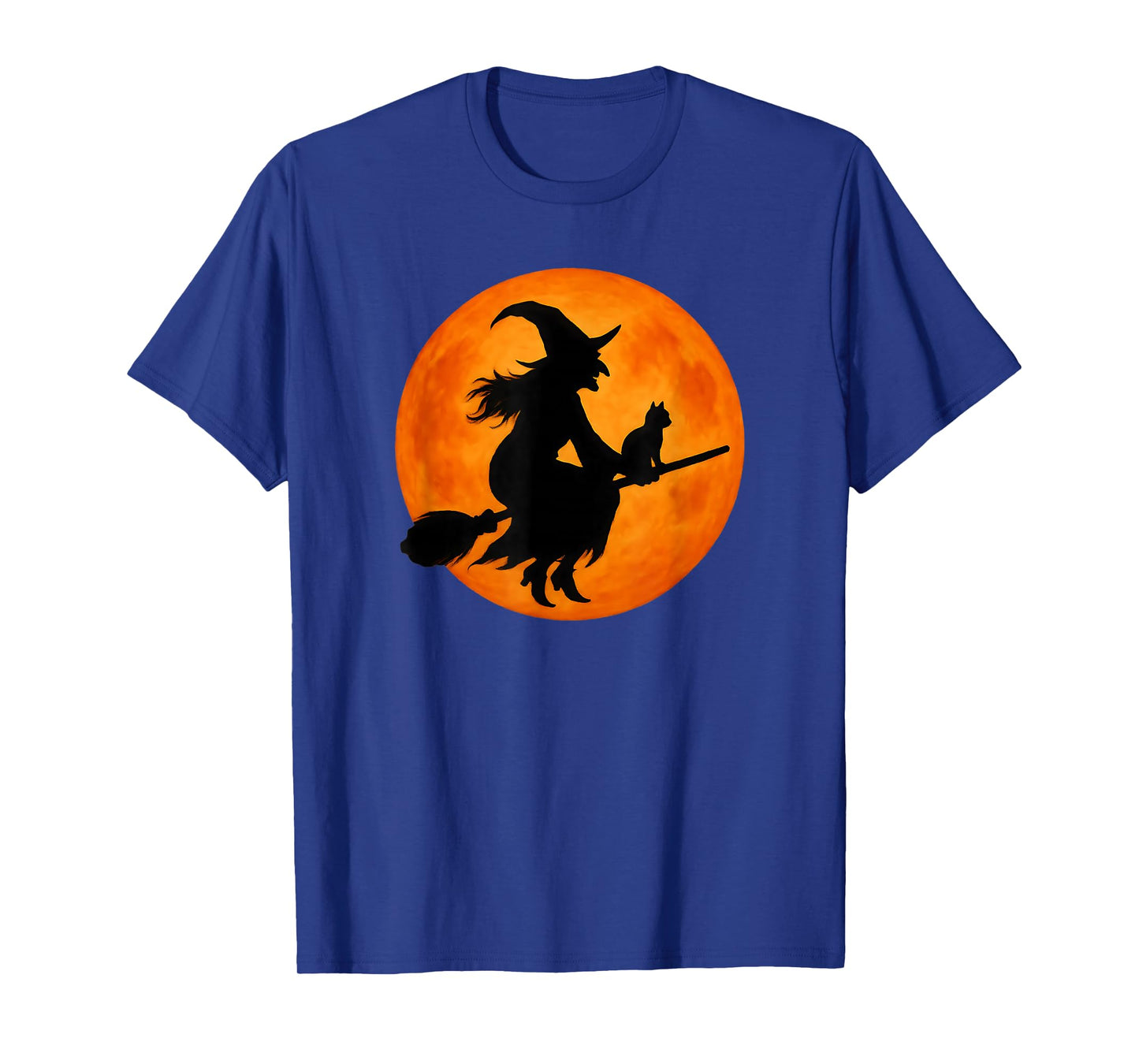 Flying Witch On Broomstick Halloween Full Moon Black Cat T-Shirt