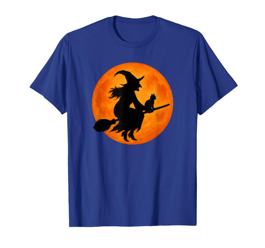 Flying Witch On Broomstick Halloween Full Moon Black Cat T-Shirt