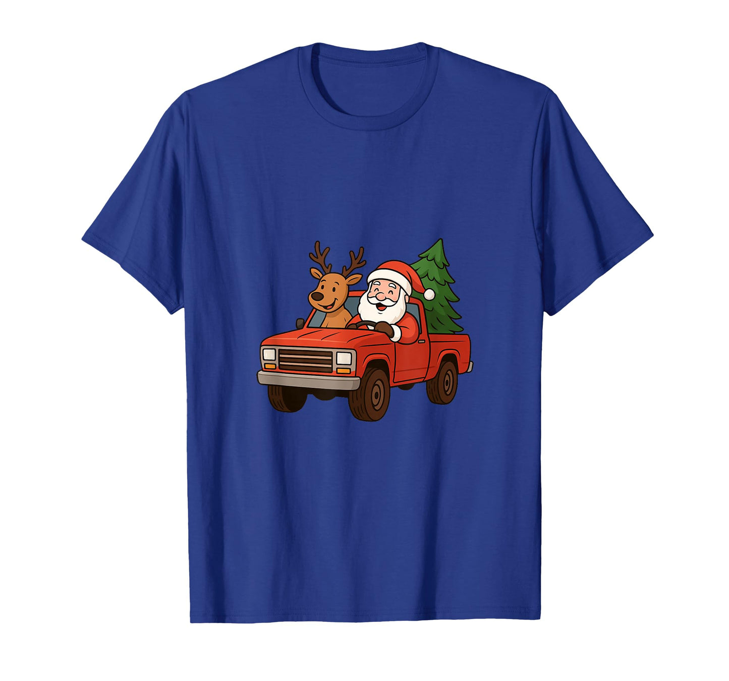 Red Christmas Truck Santa Claus and Reindeer Cartoon T-Shirt