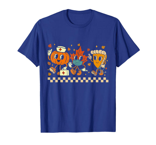 Retro Nurse Thanksgiving Pumpkin Pie Leaves Thankful Nurse T-Shirt