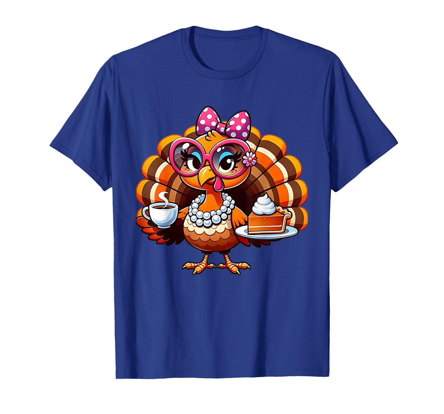 Funny Thanksgiving Turkey Bow Drinking Coffee with Pie T-Shirt