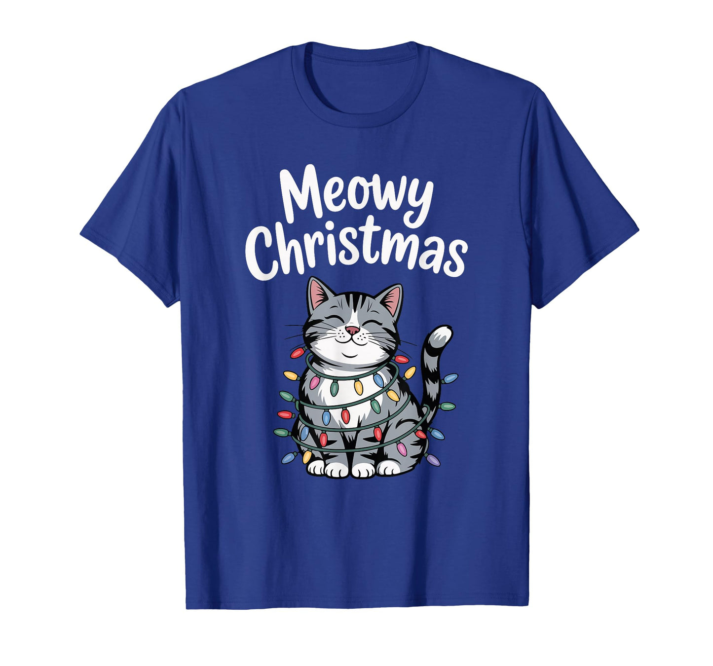 Meowy Christmas Cute Gray Tabby Cat Holiday Lights T-Shirt