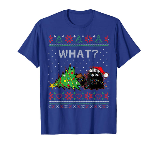 Funny Black Cat Gift Pushing Christmas Tree Over Cat What? T-Shirt