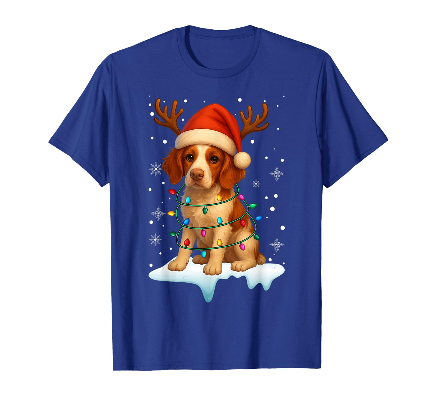 Christmas Light Snow Reindeer Santa Brittany Spaniel Xmas T-Shirt