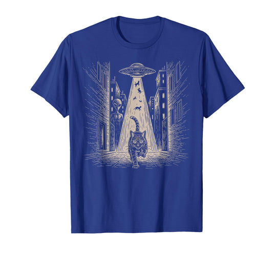 Funny Cat Running from Aliens Vintage Meme Sci-Fi Graphic T-Shirt