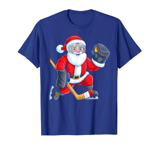 Ice Hockey Santa Christmas Sports Men Boys Kids Xmas Pajamas T-Shirt