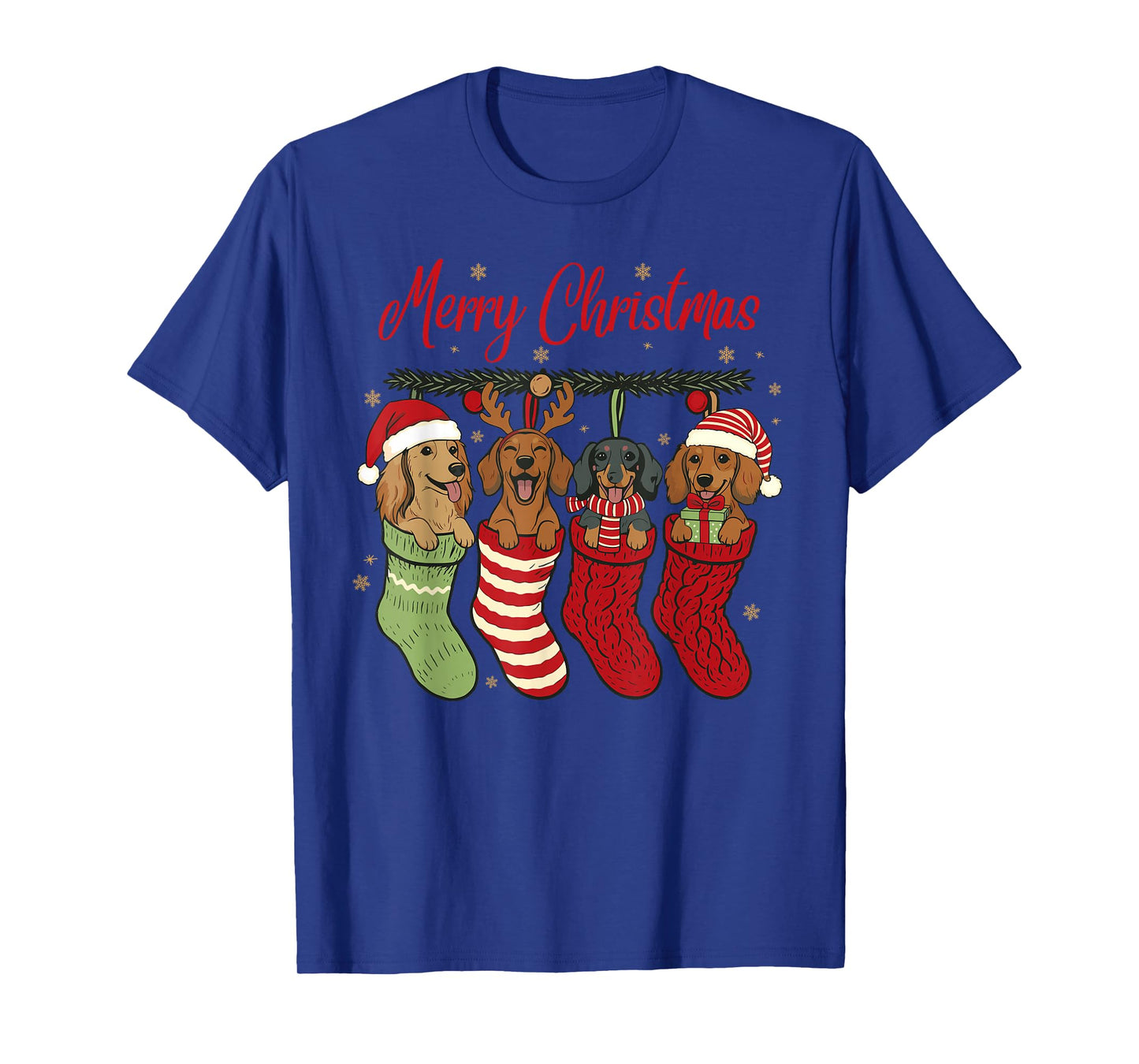 Merry Christmas Dachshund Dogs Santa Hat in Stockings T-Shirt